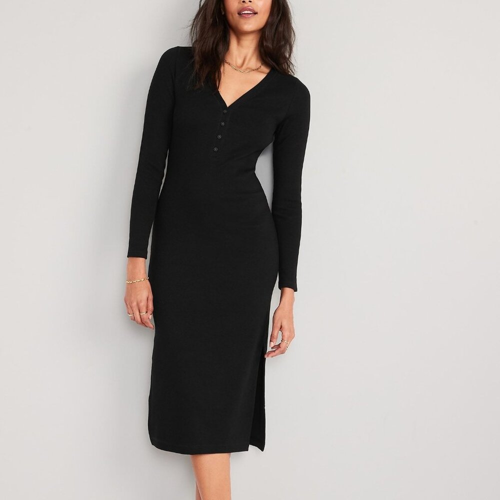 Old Navy Rib-Knit Henley Midi Dress - Black - Size Medium
